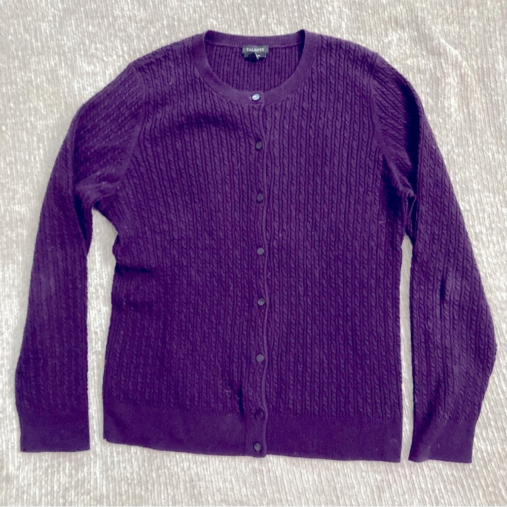 Talbots Pima Cotton Plum Cable‎ Knit Cardigan Sweater Size Large Timeless